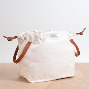 Canvas Knitting Project Bag: Golden Brown Leather Handles, Made in USA