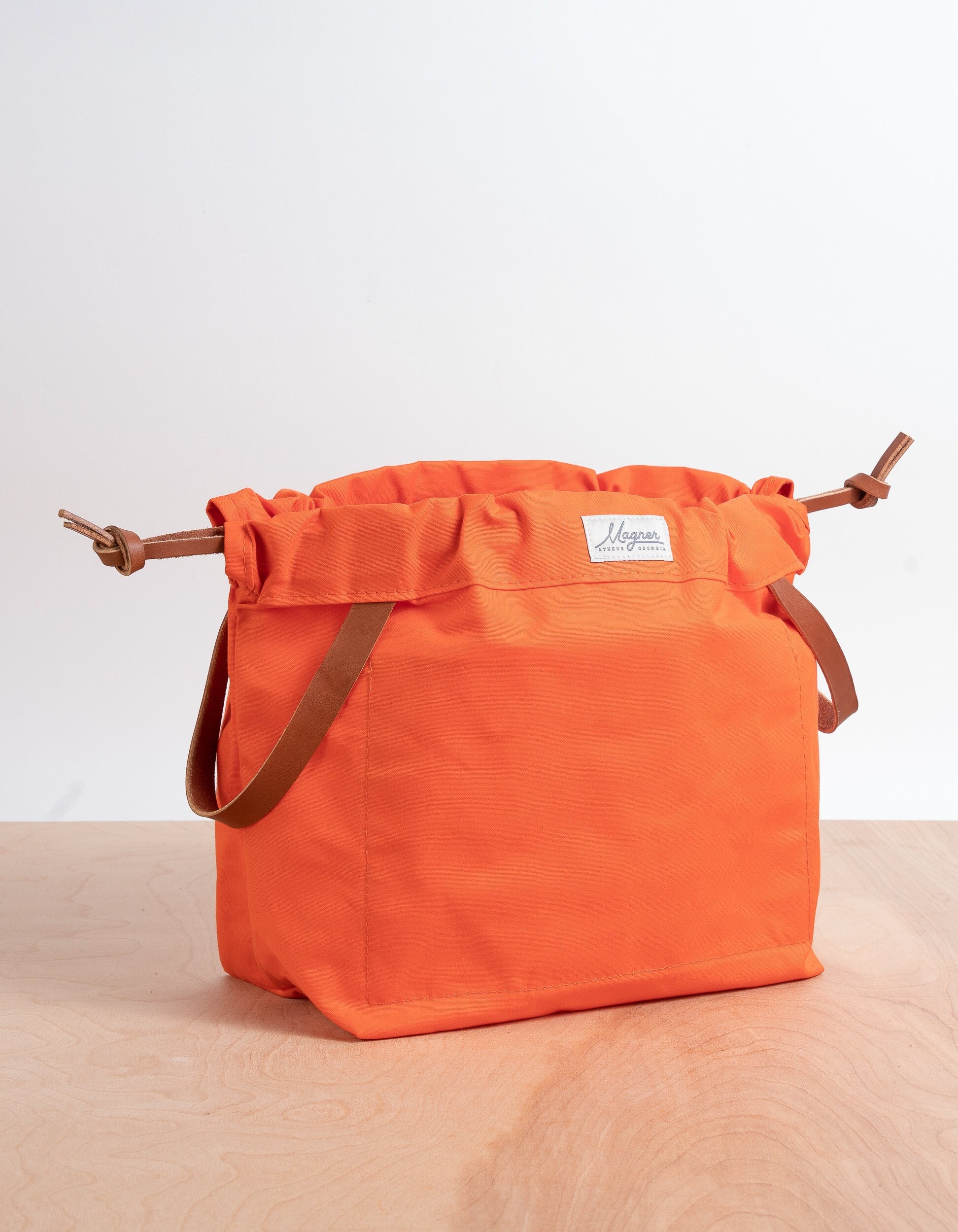 Knitting Project Bag ORANGE Canvas and Golden Brown English Bridle Leather Project Bags for Knitting Made in USA