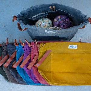 Knitting Project Bag, BLUESTONE Waxed Canvas and Leather Project Bag, Knitting Bag, Yarn Bag, Crochet Bag, Craft Bag, Drawstring Bag image 8