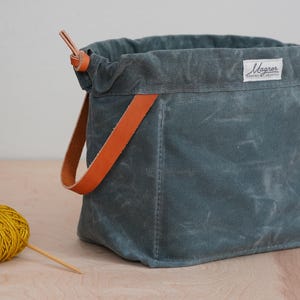 Knitting Project Bag, BLUESTONE Waxed Canvas and Leather Project Bag, Knitting Bag, Yarn Bag, Crochet Bag, Craft Bag, Drawstring Bag