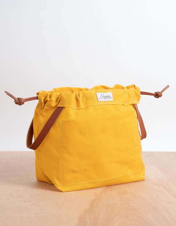 Knitting Project Bag ROVER YELLOW Waxed Canvas and Leather Project Bag Knitting Bag Yarn Bag Crochet Bag Craft Bag Drawstring Bag