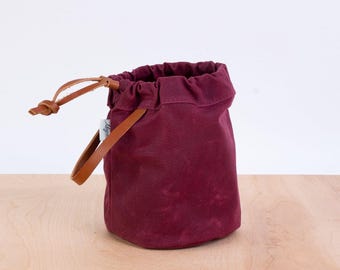 Knitting Project Bag, BURGUNDY Waxed Canvas and Leather, Small Project Bag, Sock Knitting Bag, Hat Knitting Bag, Gifts for Knitters