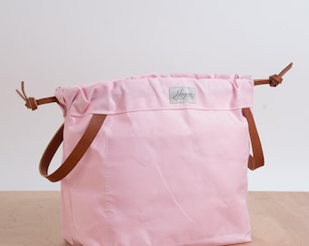 Knitting Project Bag: Light Pink Canvas with Leather (Two Sizes)