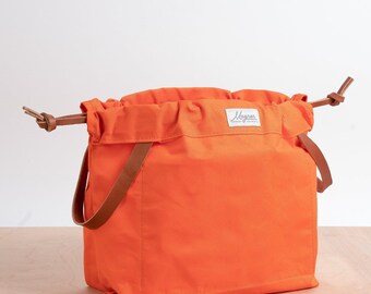 Canvas Knitting Project Bag: Orange and English Bridle Leather Handles, USA Made