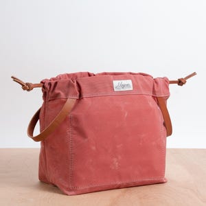 Nautical Red Waxed Canvas Knitting Project Bag: Leather Drawstring Yarn Bag