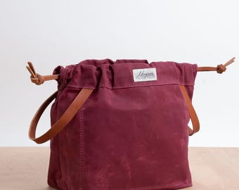 Knitting Project Bag BURGUNDY Waxed Canvas and Golden Brown English Bridle Leather Project Bags for Knitting Made in USA
