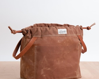Bolsa para projetos de tricô BRUSH BROWN, lona encerada marrom e couro inglês marrom dourado, bolsas para projetos de tricô, fabricadas nos EUA