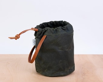 Knitting Project Bag, OLIVE GREEN Waxed Canvas and Leather, Small Project Bag, Sock Knitting Bag, Hat Knitting Bag, Gifts for Knitters