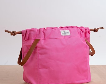 Knitting Project Bag - Hot Pink Canvas and Leather, Drawstring Closure ( in 2 sizes)