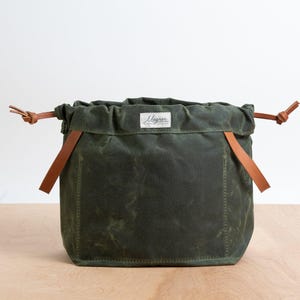 Olive Green Waxed Canvas Knitting Project Bag with Leather Handles image 2