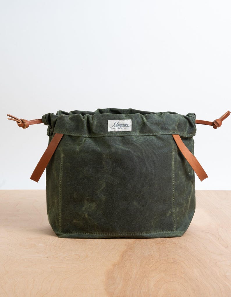 Olive Green Waxed Canvas Knitting Project Bag with Leather Handles image 2