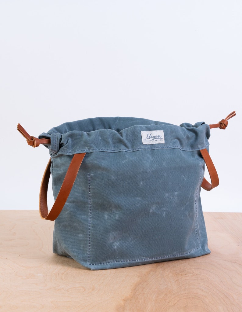 Knitting Project Bag, BLUESTONE Waxed Canvas and Leather Project Bag, Knitting Bag, Yarn Bag, Crochet Bag, Craft Bag, Drawstring Bag image 1