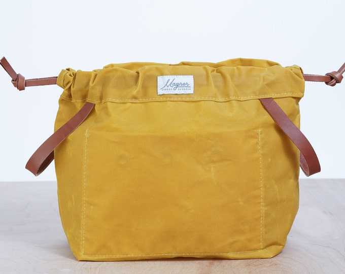 Knitting Project Bag, MUSTARD YELLOW Waxed Canvas and Leather Project Bag, Knitting Bag, Yarn Bag, Crochet Bag, Craft Bag, Drawstring Bag