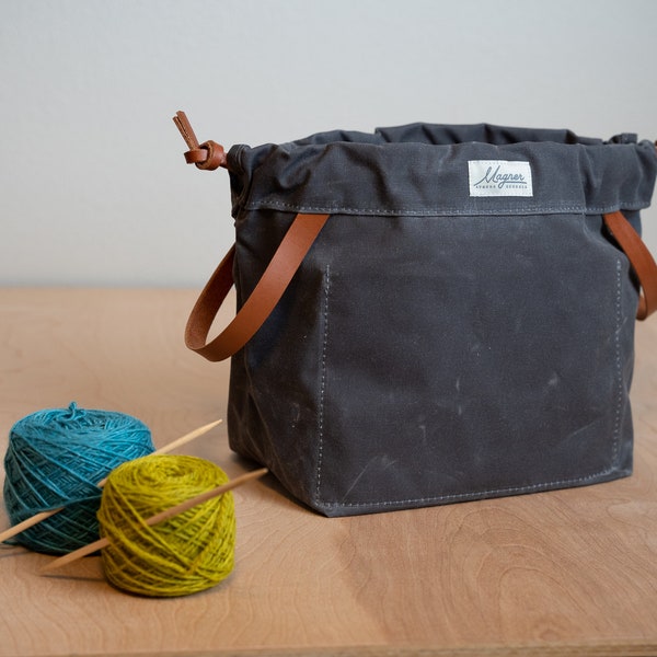 Knitting Project Bag CHARCOAL Waxed Canvas and Golden Brown English Bridle Leather Project Bags for Knitting Made in USA