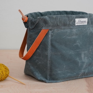 Knitting Project Bag, BLUESTONE Waxed Canvas and Leather Project Bag, Knitting Bag, Yarn Bag, Crochet Bag, Craft Bag, Drawstring Bag
