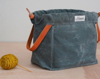 Knitting Project Bag, BLUESTONE Waxed Canvas and Leather Project Bag, Knitting Bag, Yarn Bag, Crochet Bag, Craft Bag, Drawstring Bag
