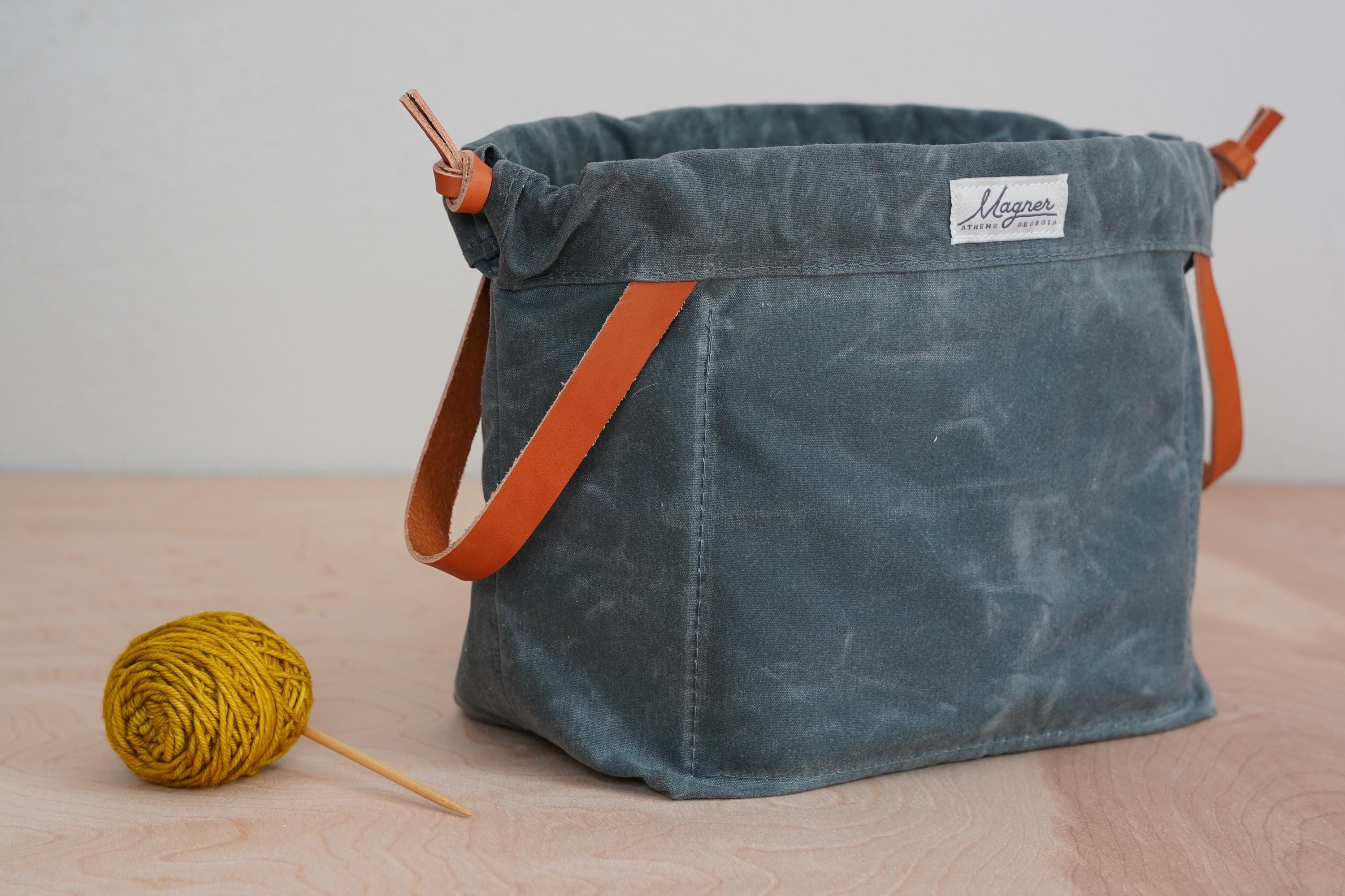 Knitting Project Bag BLUESTONE Waxed Canvas Bluestone Waxed Canvas Knitting Project Bag With Leather  main image 3