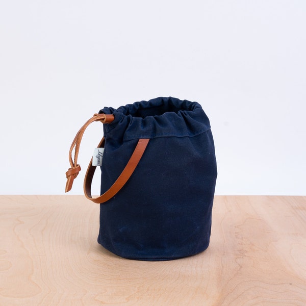 Knitting Project Bag, NAVY BLUE Waxed Canvas and Leather, Small Project Bag, Sock Knitting Bag, Hat Knitting Bag, Gifts for Knitters