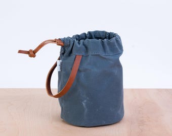 Knitting Project Bag, BLUESTONE Waxed Canvas and Leather, Small Project Bag, Sock Knitting Bag, Hat Knitting Bag, Gifts for Knitters