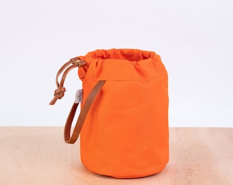 Small Knitting Project Bag: Orange Canvas with Leather Handle