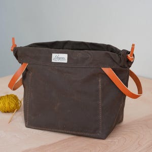 Waxed Canvas Knitting Project Bag: Dark Oak & English Bridle Leather