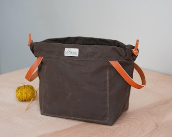 Waxed Canvas Knitting Project Bag: Dark Oak & Golden Leather, Made in USA