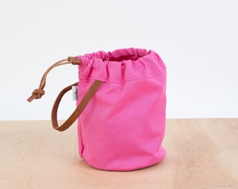 Knitting Project Bag, HOT PINK Canvas and Leather, Small Project Bag, Sock Knitting Bag, Hat Knitting Bag, Gifts for Knitters