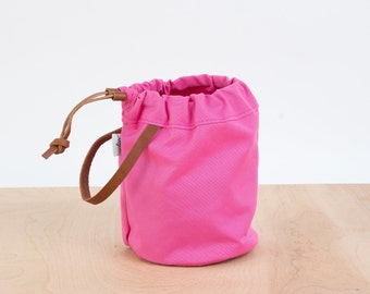Knitting Project Bag - Hot Pink Canvas, Leather Handle, Small