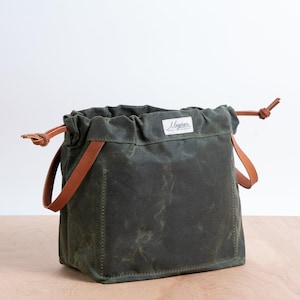 Knitting Project Bag, OLIVE GREEN Waxed Canvas and Leather Project Bag, Knitting Bag, Yarn Bag, Crochet Bag, Craft Bag, Drawstring Bag