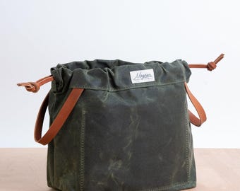 Knitting Project Bag, OLIVE GREEN Waxed Canvas and Leather Project Bag, Knitting Bag, Yarn Bag, Crochet Bag, Craft Bag, Drawstring Bag