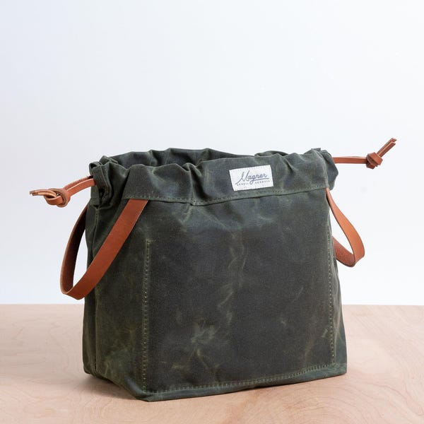 Olive Green Waxed Canvas Knitting Project Bag with Leather Handles