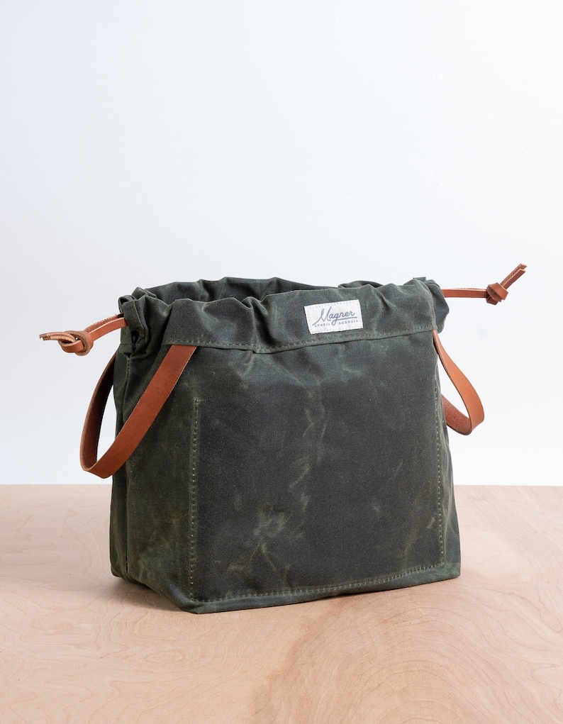 Olive Green Waxed Canvas Knitting Project Bag with Leather Handles image 1