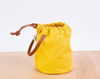 Knitting Project Bag, CUB YELLOW Waxed Canvas and Leather, Small Project Bag, Sock Knitting Bag, Hat Knitting Bag, Gifts for Knitters