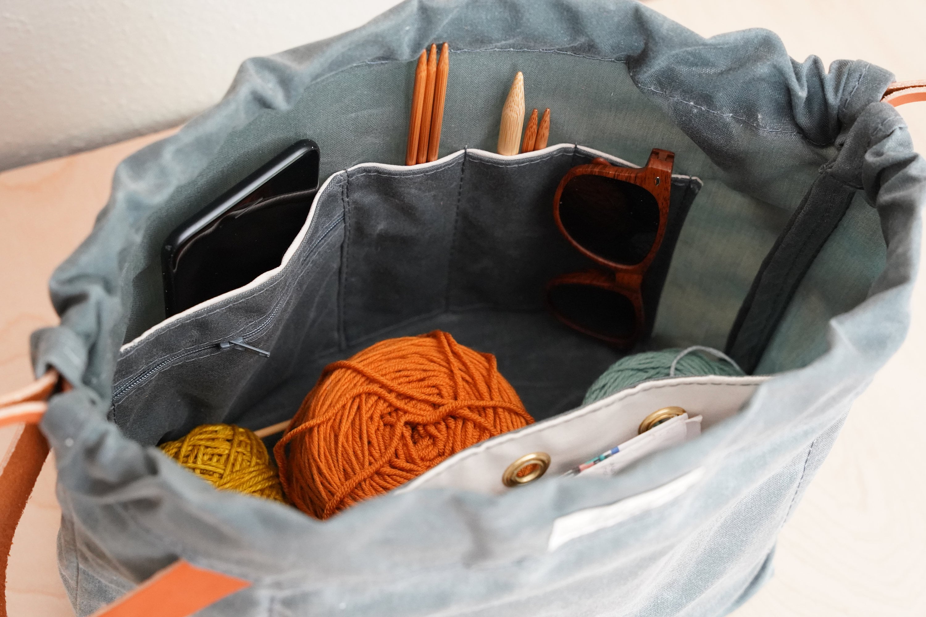 Knitting Project Bag Orange Canvas and Golden Brown English Bridle Leather Project Bags for Knitting Made in USA