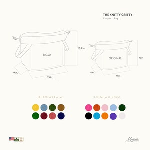 The image is a detailed drawing of a project bag, including measurements and color swatches for the 10-10 Wet Canvas and 10-10 Canvas (Dry Finish) options.
