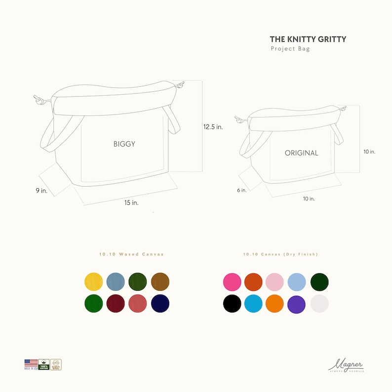 The image is a detailed drawing of a project bag, including measurements and color swatches for the 10-10 Wet Canvas and 10-10 Canvas (Dry Finish) options.