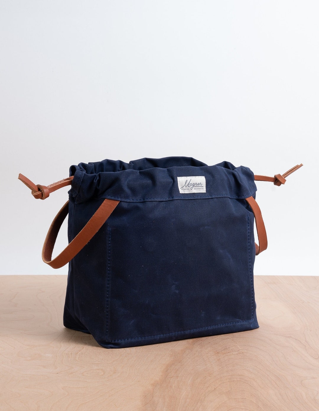 Knitting Project Bag NAVY BLUE Waxed Canvas and Golden Brown English