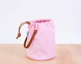 Light Pink Knitting Project Bag - Small Canvas with Leather Handle