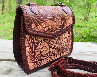 Hand Tooled Leather Purse Tooled Satchel Bag Mother/'s day gifts Elsa by ALLE Vintage style Leather Crossbody Western Style