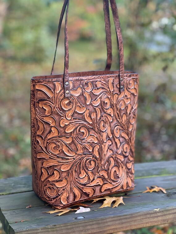 Tooled leather tote bag Clearance
