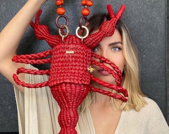 Bolso de tul tejido a mano con forma de langosta, bolso de playa, bolso boho chic, bolso de tul hecho a mano, bolso con forma de animal, bolso con forma de langosta roja, regalos para ella, edición limitada