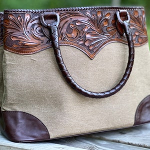 Hand-tooled Leather & Denim Tote Bag mezclilla by | Etsy