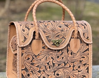Hand-Tooled Leather Weekender Bag ROMMY – Full-Grain Cowhide Travel Duffel, Handmade Large Carry-On, Artisan Boho Western Style Leather Bag