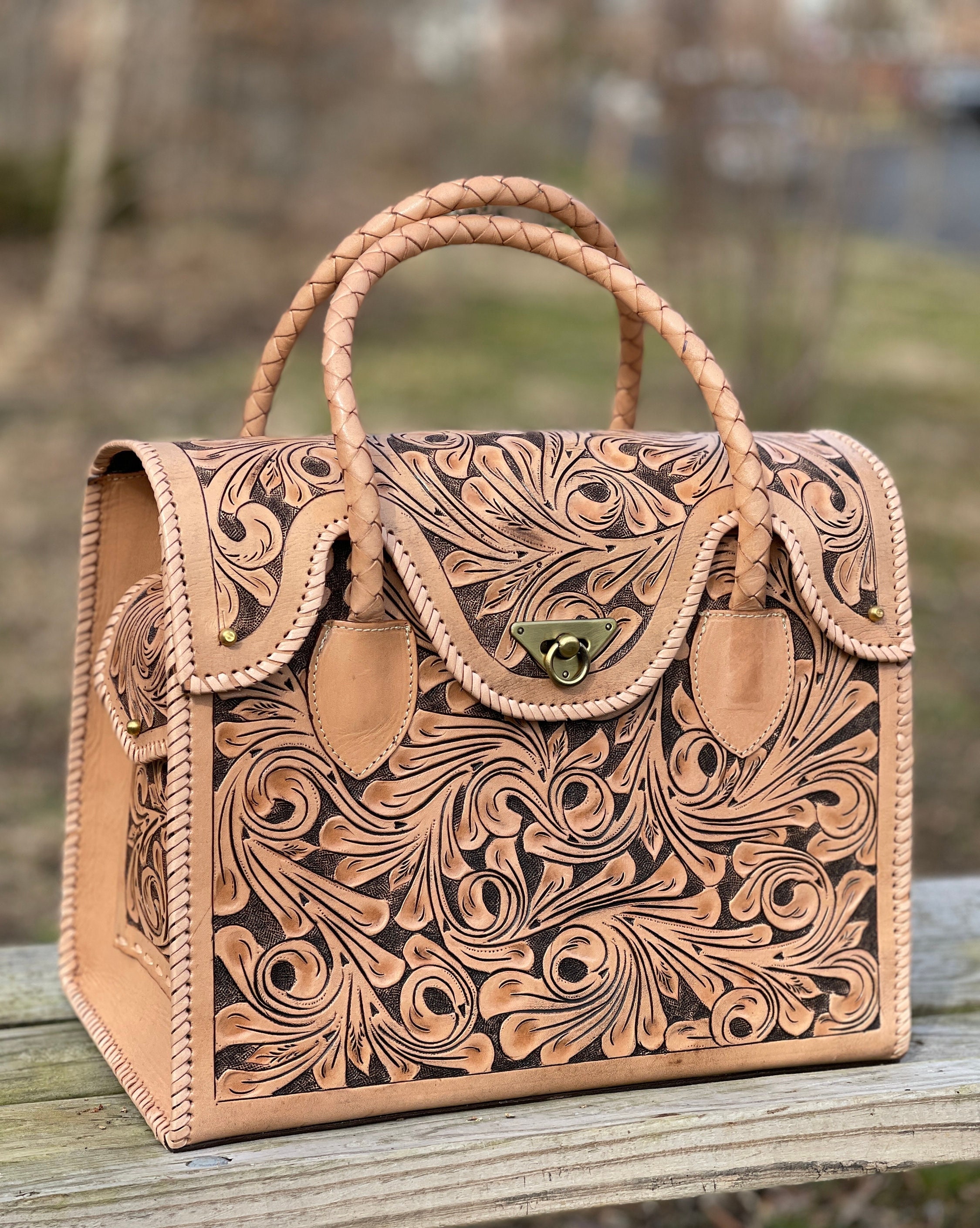 ALLE Hand-tooled Leather Shoulder Bag luna, Brown Leather Hobo