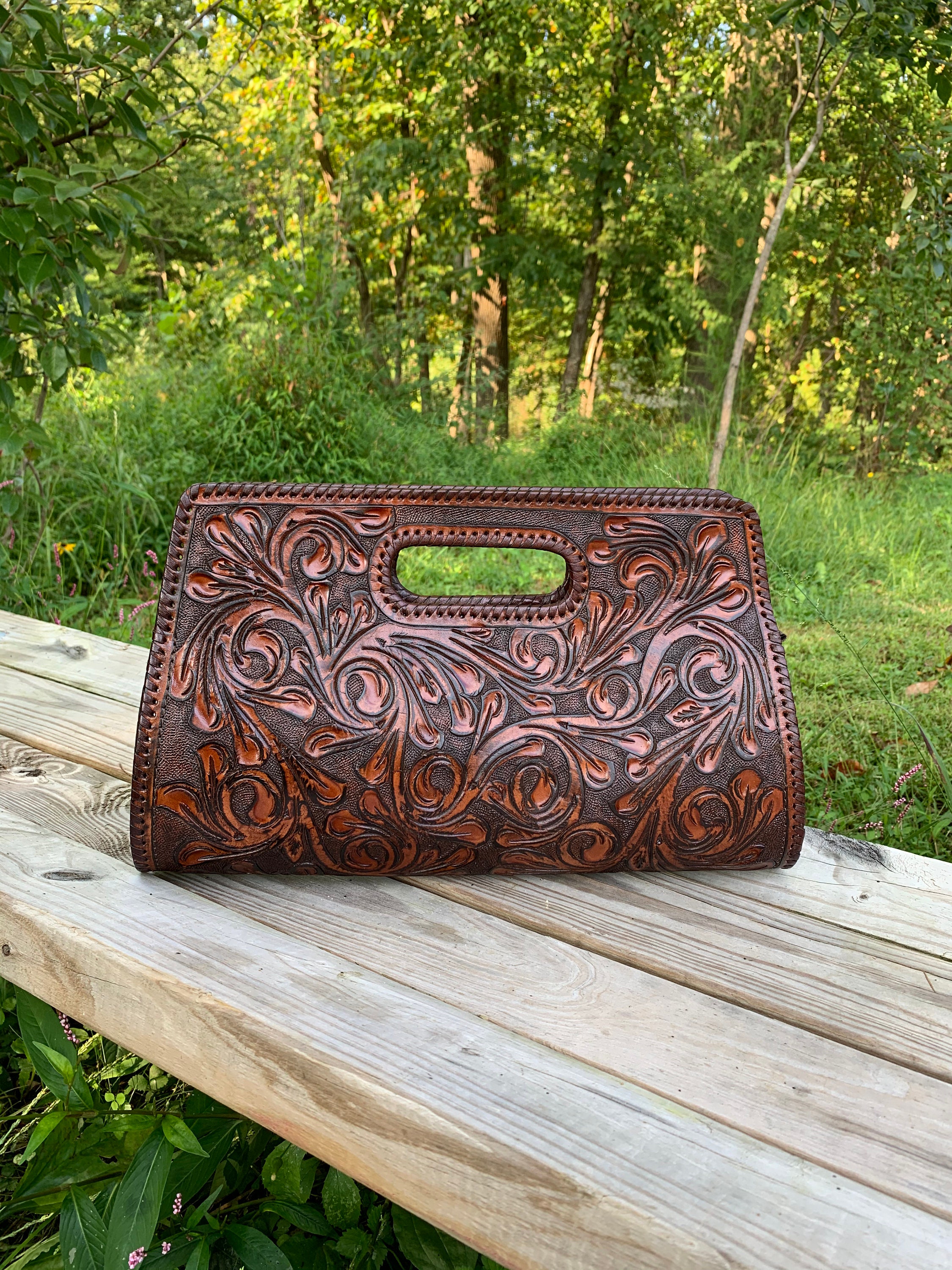 Vandiver Hand Tooled Leather Clutch - Caramel Brown