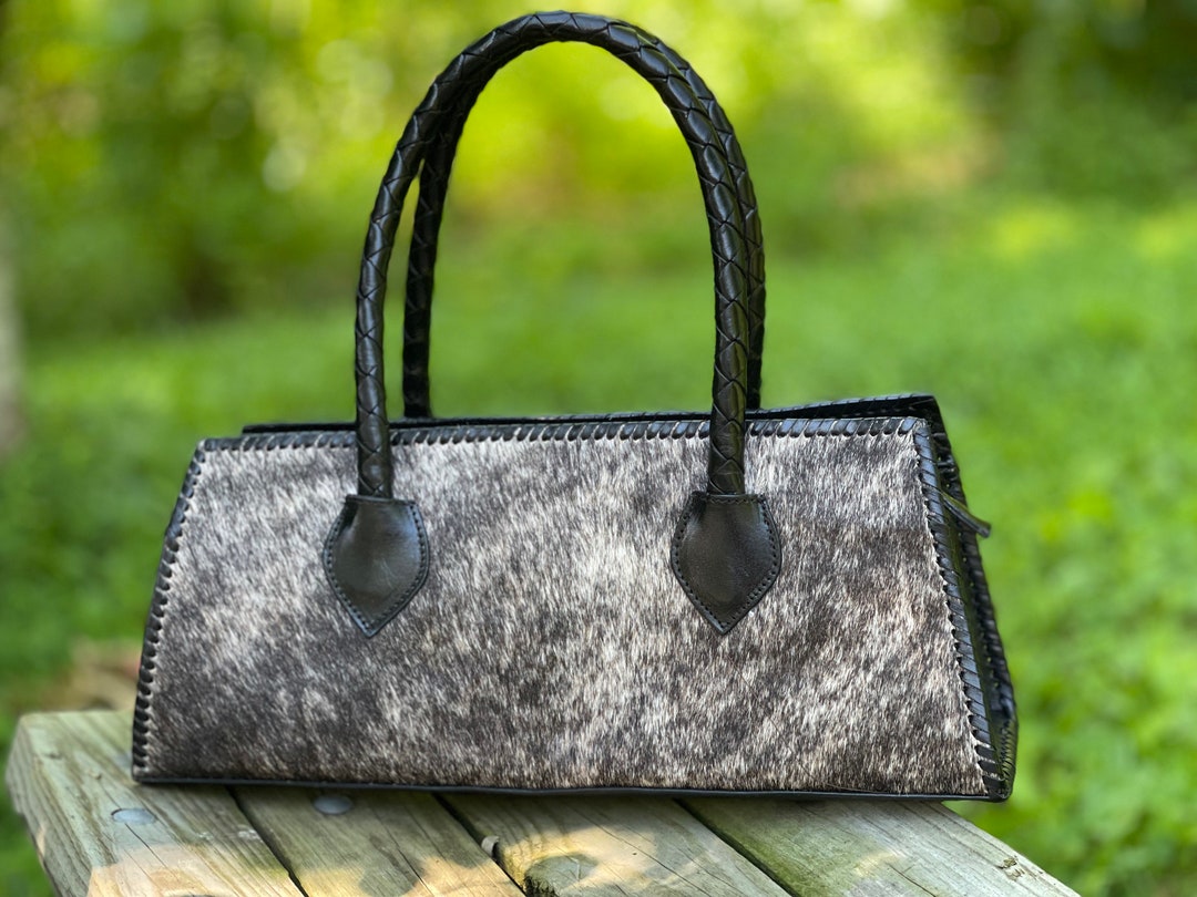 ALLE Calf Hair Black Leather Satchel Bag larga Pelo, Brown Black