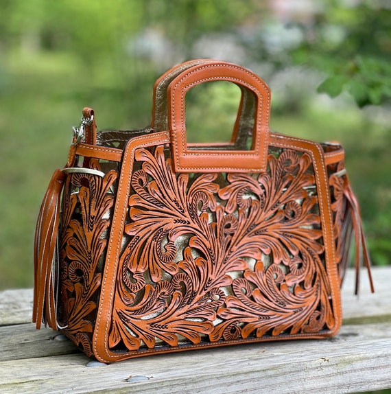 Hand-tooled Leather Cut-out Tooling Tote nota Spikes, Mexican Purse,  Western Style, Summer Bags, Christmas Gifts,, Holiday Gifts 