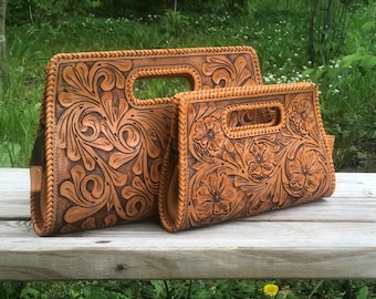 Hand-Tooled Leather Large Clutch  "ENVELOPE", Brown leather Bag, Western Style, Tooled brown purse, Mother's Day Giftss,