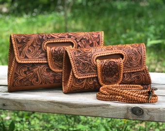 Hand-Tooled Leather Small Clutch "LENGUETA", Brown leather purse, Crossbody Western Style, Shoulder bag, Mother's Day Gifts