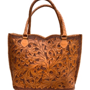 Hand-Tooled Leather Tote, Brown leather purse, Large Tote, "IBIZA" by ALLE, Western Style, Cowgirl Bag, Shoulder bag, Mother's Day Gifts